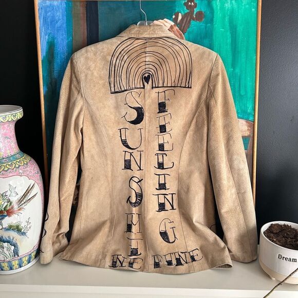 Danier Tan Leather Jacket with Floral Design Hand Drawn Small - Picture 5 of 16